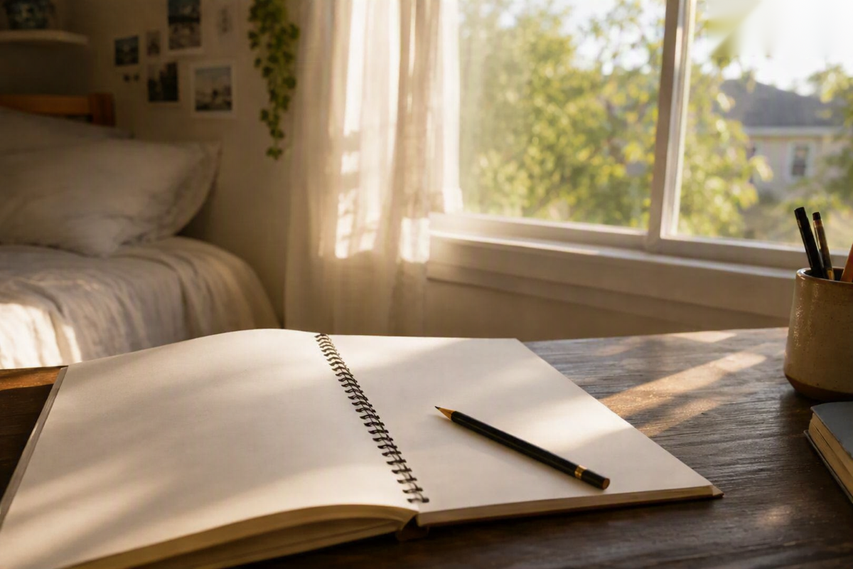 An open notebook and pencil on a wooden desk in warm morning sunlight