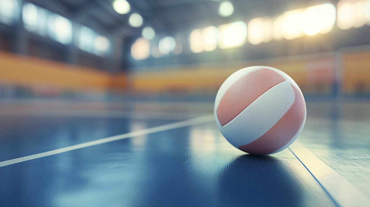 A volleyball resting on a blue indoor court with gym lights in the background
