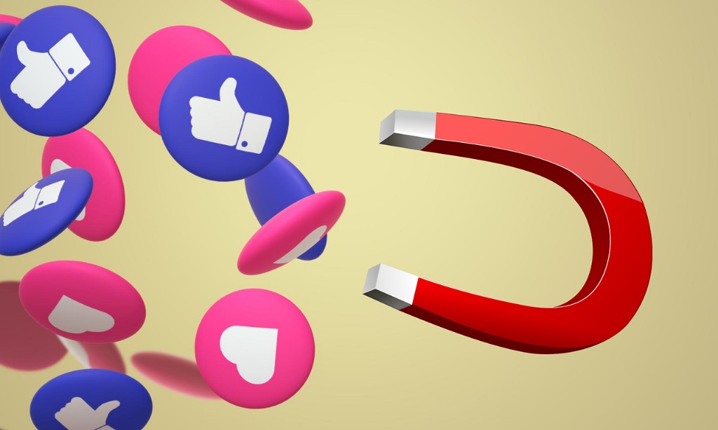 Illustration of a magnet attracting social media like and heart icons