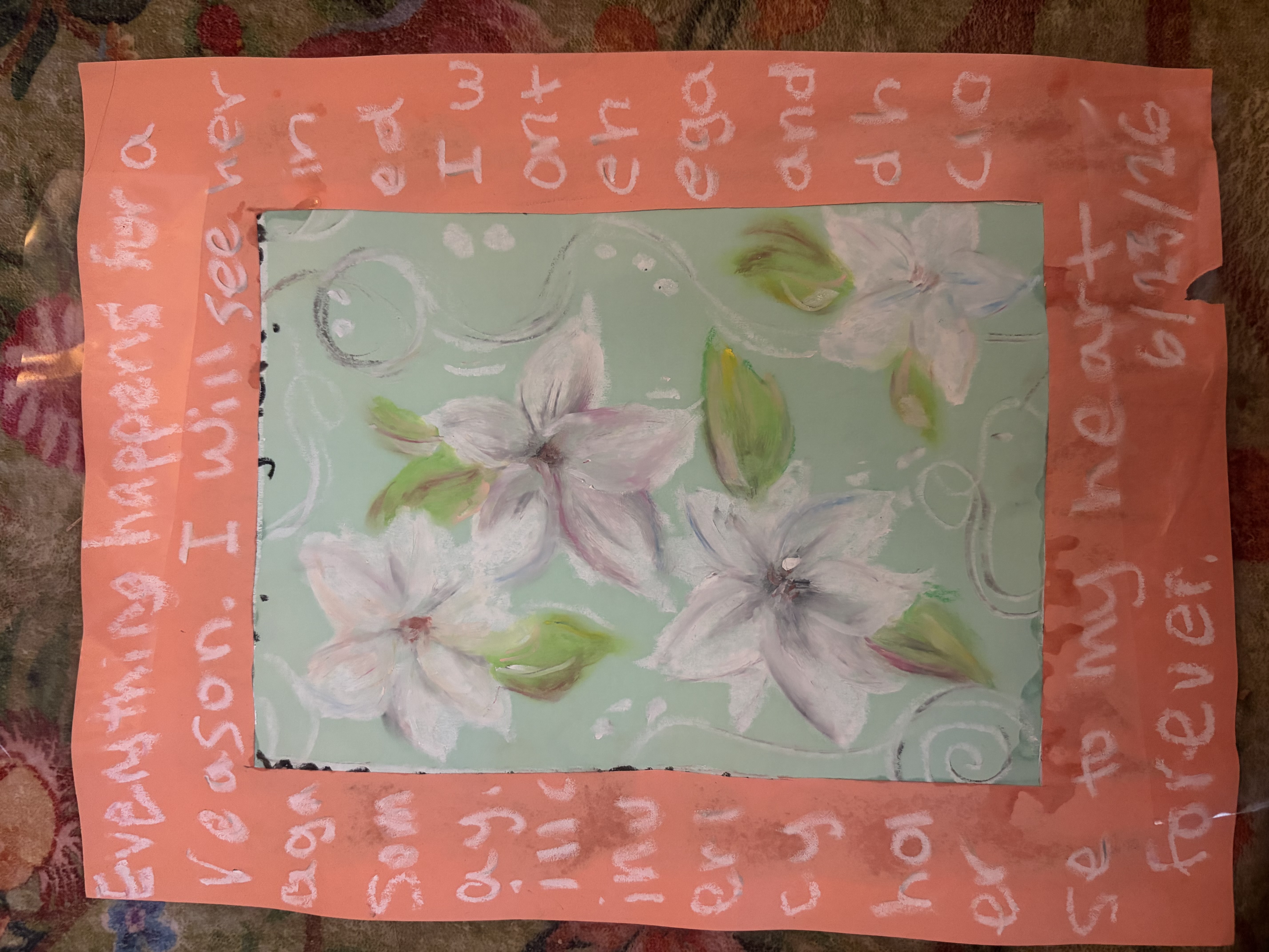 A student artwork with a framed flower painting and reflections on grief, growth, and healing