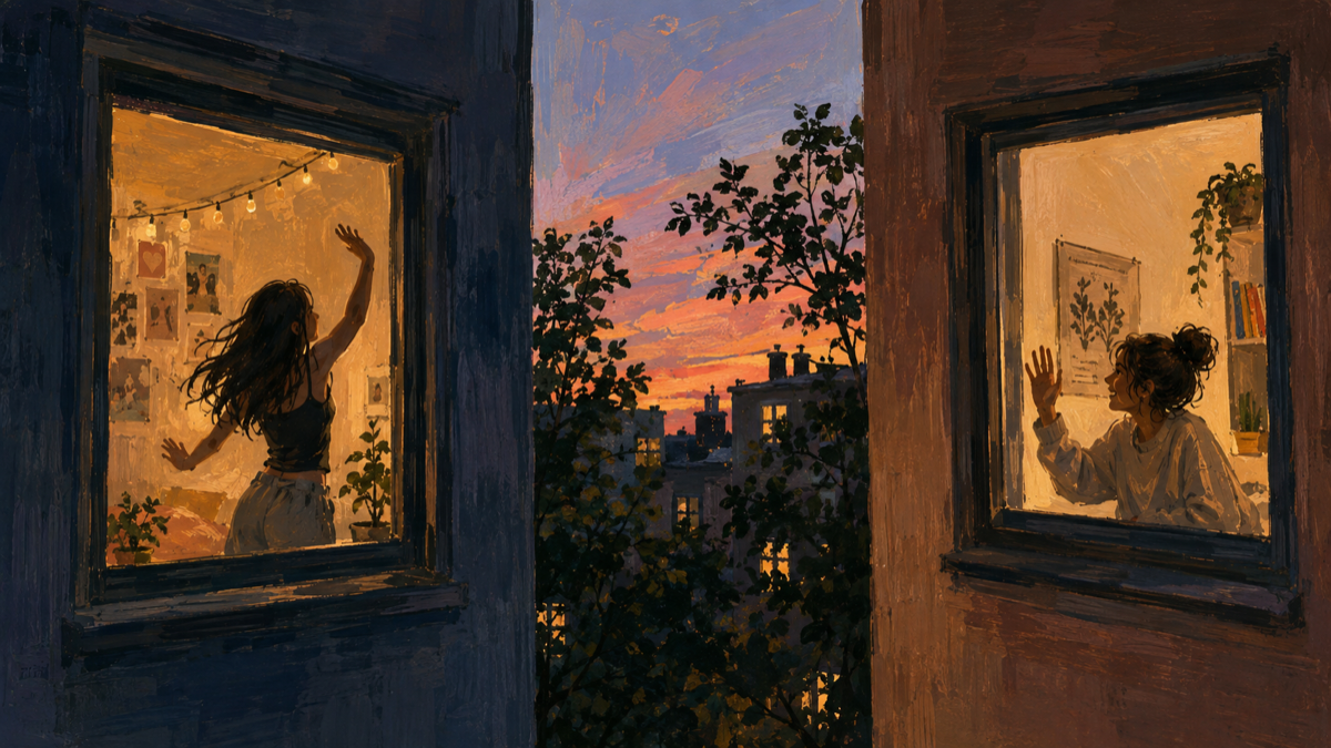 Two girls waving to each other from apartment windows at sunset